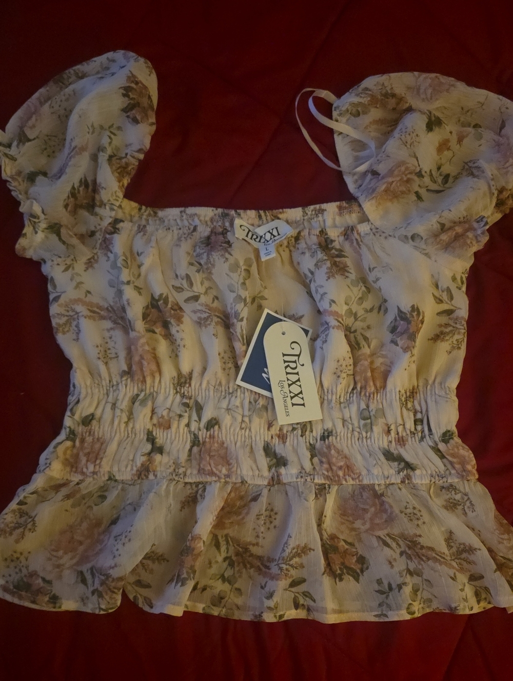 Trixxi Cream Floral Off-Shoulder Smocked Peplum Crop Top
